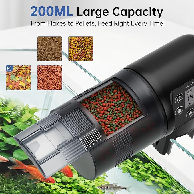 AQQA Automatic Fish Feeder, Auto Fish Feeder with LCD Timer Programmable, 200ML Large Capacity Aquarium Auto Feeder Moisture-Proof Silent, Vacation Fish Feeder for Small Tank Betta Fish Turtle