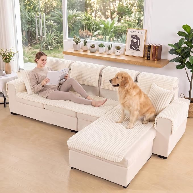 FUANGUI 2 Pack Waterproof Couch Cover for Dogs Pets Sofa Protector | Non-Slip Washable Fuzzy Soft Sofa Slipcover for 2 PCS L Shaped Sofa Pet Friendly, 27.6" x 70.9"+27.6" x 82.7", Beige
