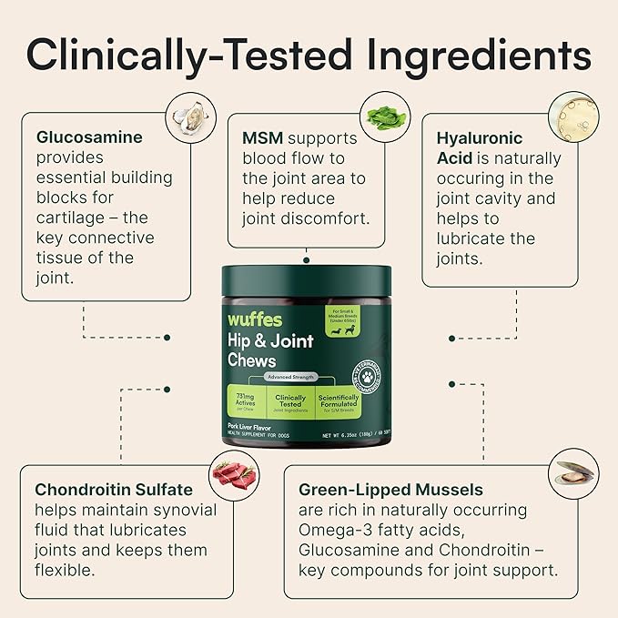 Wuffes Advanced Dog Hip and Joint Supplement with Glucosamine, Chondroitin, Omega 3, MSM, and Green Lipped Mussel, 60 Pork Flavored Chews for Small and Medium Dog Breeds