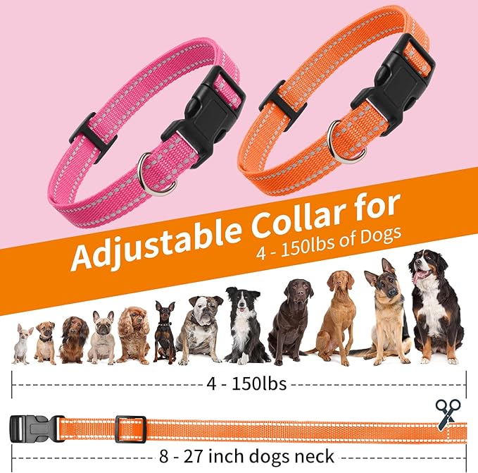 PaiPaitek Shock Collar Replacement Strap, 3/4 Inch, 2-Pack, Reflective Adjustable Dog Collar, Orange & Pink, 8-27 Inch Neck Size