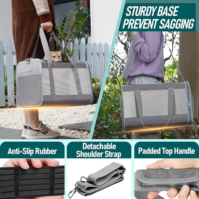 GAPZER Large Cat Carrier Soft, Collapsible Travel Pet Carry Bag, Small Dogs | Large Cats up to 20 lbs+ Maine Coon, Top Load Transport Small Puppy Dog Crate, Chihuahua Mini Dog 10lbs, Sturdy Mesh Grey