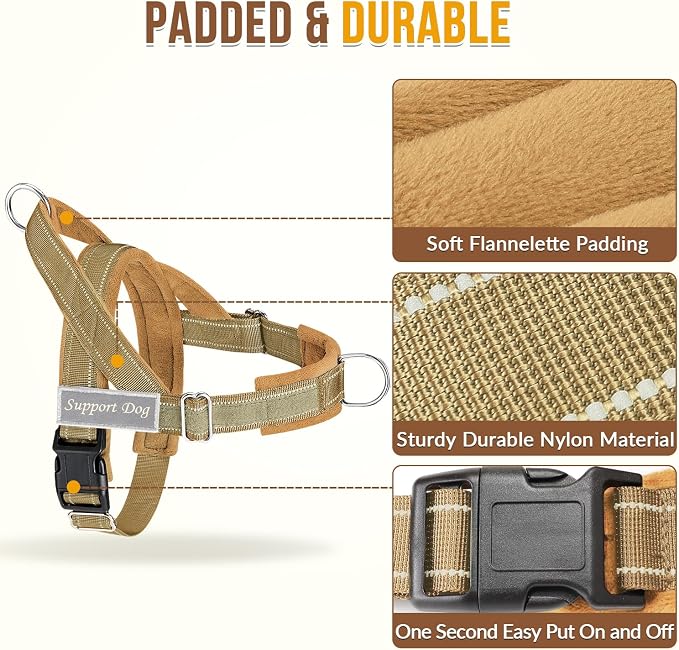 SlowTon No Pull Dog Harness with Front Clip - Heavy Duty, Soft Padded | Neck & Chest Adjustable, Tactical Pet Vest and Leash Set for Large Medium Sized Dogs, for Easy Walk & Training, Tan M