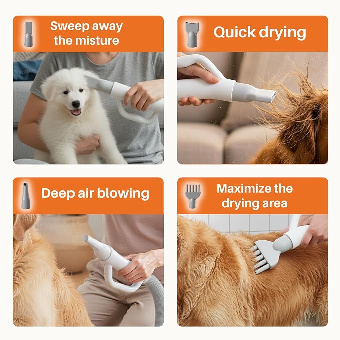 NEWBULIG Dog Hair Dryer with Heater for Grooming, Temperature Adjustable | 1550W High Velocity Speed Pet Blow Dryer with 4 Nozzles, White