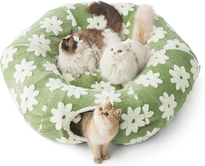 Lesure Donut Cute Jacquard Large Cat Tunnel Bed Kitten Toys for Dog Bunny | 39.5x39.5x10in,Round Large Cat Bed Tube for Multi Kittens,Pet Peekaboo Cave Toy,Spiral Hideaway,Washable Cushion,Green