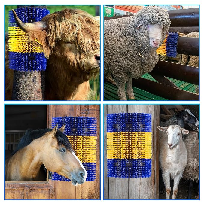 Extra Large Size Livestock Scratching Brush, Upgraded Horse/Goat/Cow/Cattle Scratcher Brush for Grooming, Itch Relief Horse Scratcher Brushes Kit with Two Sets of Mounting Screws(4-Pack,Yellow)