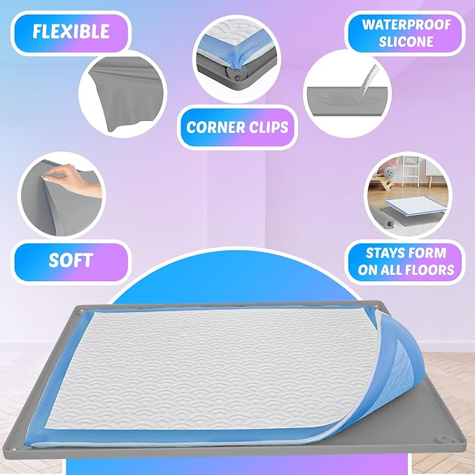 Dog Pee Pad Holder Tray Fits for 30” x 36” Pee Pads - 1 Pack - Light Grey | Corner Lock Holes, Raised Edges, Non-Spill, Easy to Clean Silicone Dog Potty Tray Holder, For Indoor Floor Protection