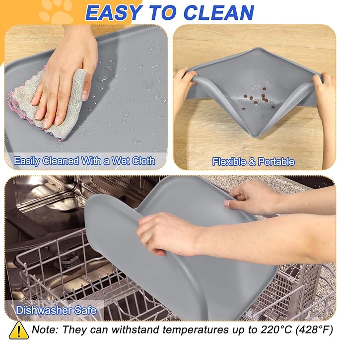 SMILOOL Waterproof Silicone Pet Food Mat with Raised Edge for Dog & Cat | 22" x 14" Non-Slip Pet Feeding Mats with Lip for Food & Water Bowl, Food Grade, Easy Cleaning, Light Gray