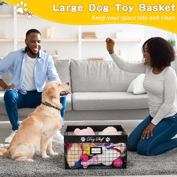 Bfttlity Dog Toy Basket Large Metal Toy Box Storage for Dogs Toys, Black | Dog Toy Bin with Handles for Living Room Storage Dogs Chew Pets Toys, Blankets, Clothes, Food