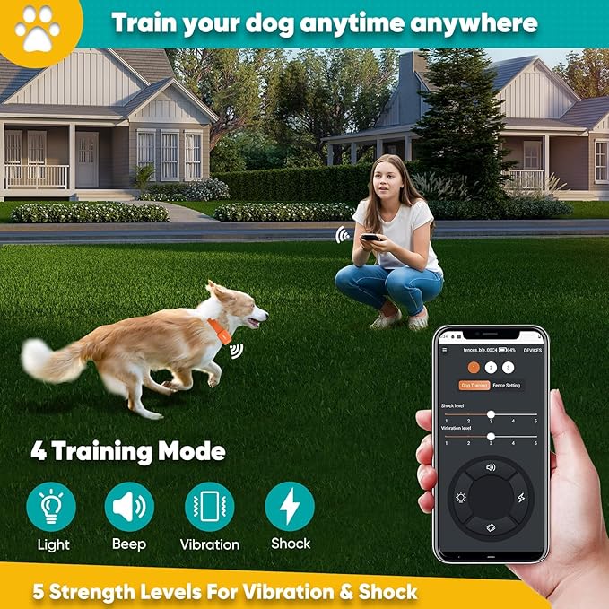 GPS Electric Dog Fence with Free App, Wireless Fence System with Training Collar, Portable for Outdoor Use, Rechargeable Waterproof Flexiable Collar, Adjustable of Dogs (Orange)