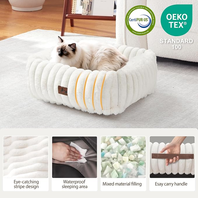 Cute Dog Bed for Small Dogs & Cats,Washable Fluffy Cat Beds for Indoor Cats, Rectangle Orthopedic Memory Foam Puppy Beds with Anti-Slip Bottom, 20 x19 x 7 Inches, Cream(20x19x6inchs)