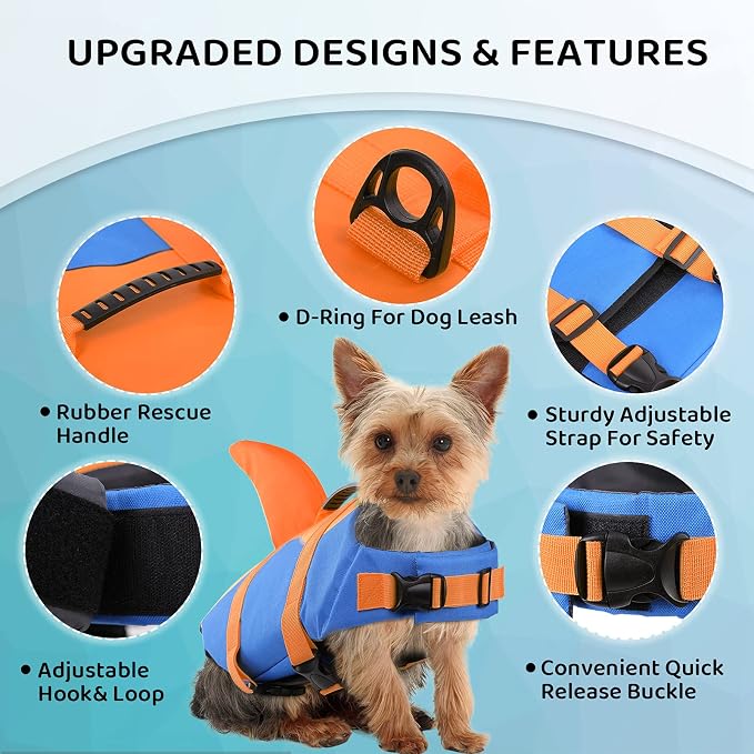Dog Life Jacket, Adjustable Dog Life Vest, Pet Lifesaver for Swimming, Shark Life Jacket with Rescue Handle, Rip-Stop Safety Vest for Small Medium Large Dogs