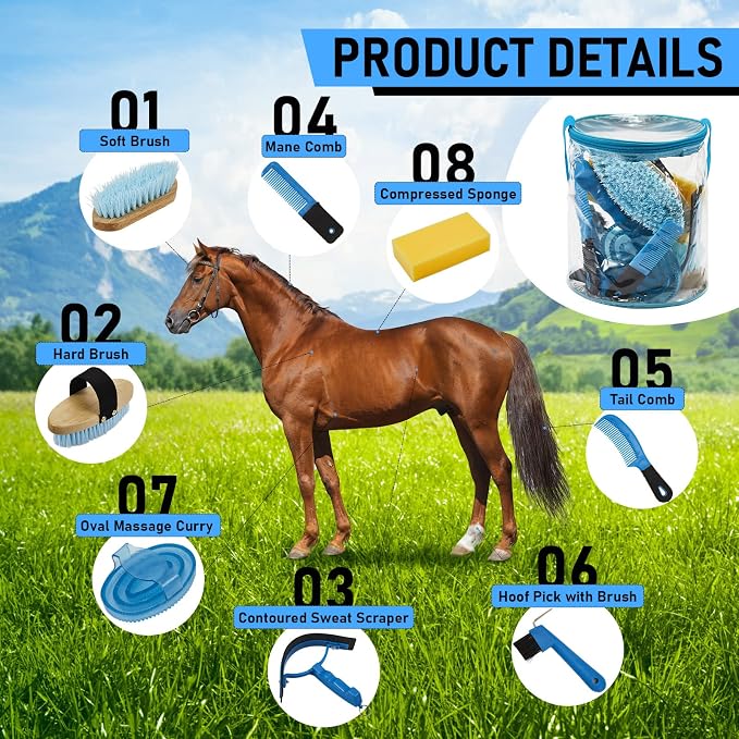 Cunhill 9 Pcs Horse Grooming Kit with Bag Curry Brushes,Cute,Blue | Complete Grooming Set for Horses, Hard Soft Brushes, Hoof Pick, Sweat Scraper, Sponge, Comb, Portable Tote for Stable