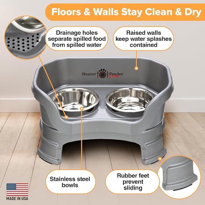 Neater Feeder Deluxe Mess-Proof Elevated Cat Bowls, 2 Height Adjustable (6” & 7.5”) No-Spill Raised Cat Bowl Stand, Whisker Friendly Stainless Steel Dishes for Indoor Cats, Made in USA, Gunmetal