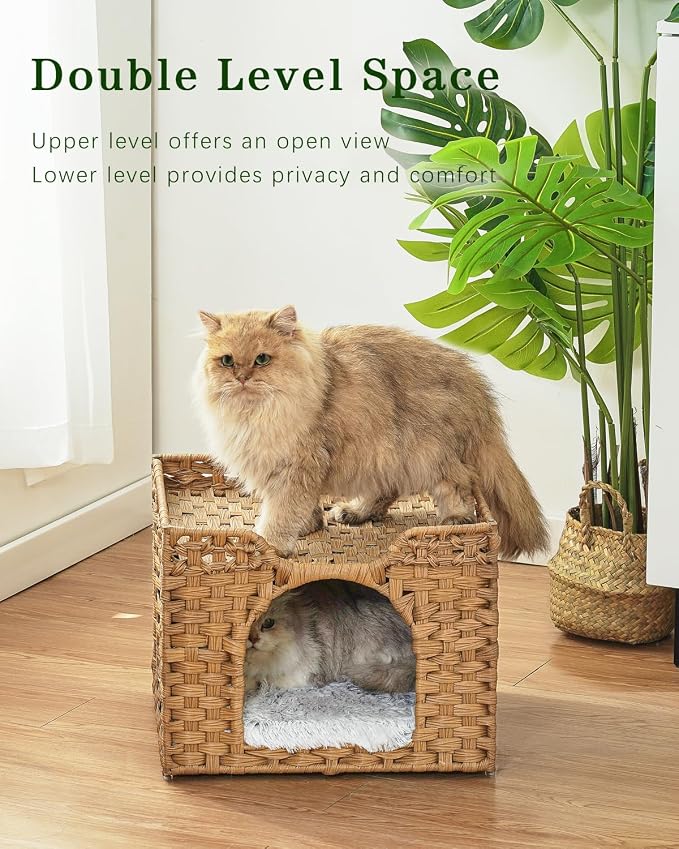 SETVSON Cat Beds Indoor Kitten House, PE Rattan Cat Cave, Natural | PE Rattan Cat Cave & Perch, Reversible Soft Cushion, 2 S-Hooks, Sturdy Metal Frame, 16.5x16.5x13.2 In Pet Cube