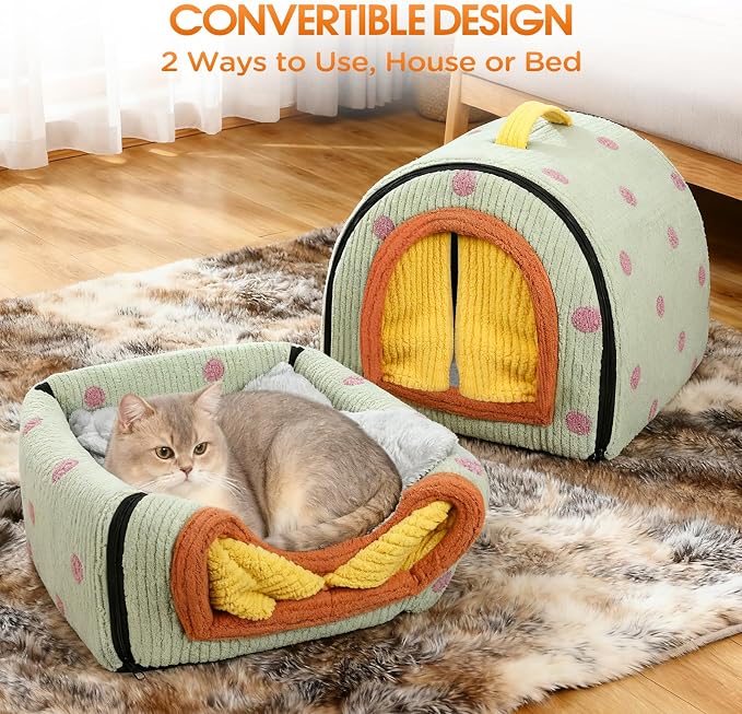 Dog House Indoor for Small Dogs, Green, Medium | 2-in-1 Enclosed Dog Bed with Cover Cave & Curtain, Dog Tent with Plush Washable Cushion, Inside Dog House for Pets