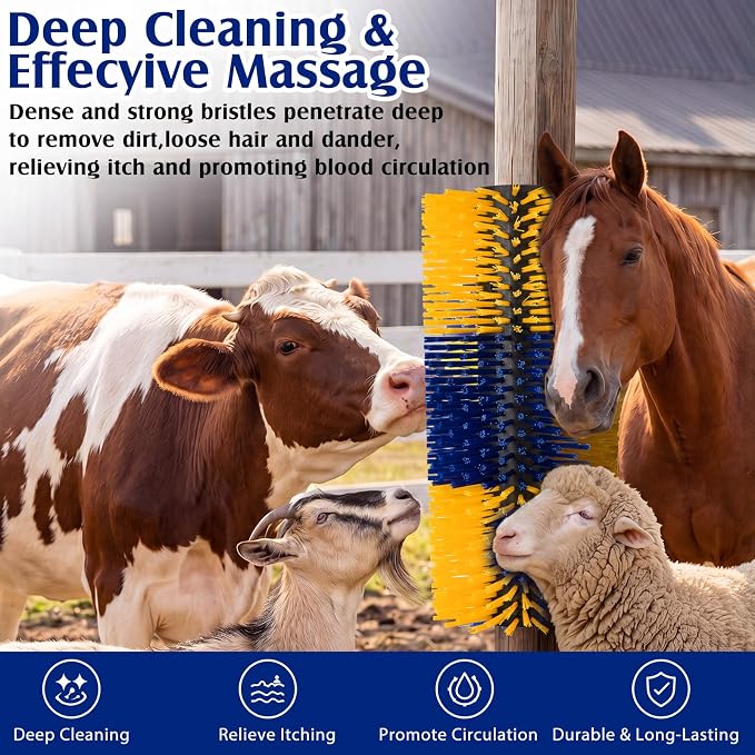 3 Pack Livestock Scratching Brush, Blue and Yellow | Animal Scratcher, Itch Relief Grooming, Horse Goat Cow Scratcher, Fence Post Mounting, Durable Bristles, Farm Livestock Care
