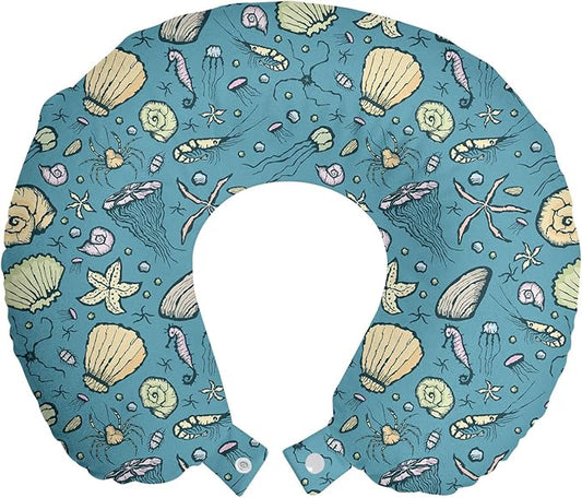 Ambesonne Under The Sea Travel Pillow Neck Rest, Summer Beach Theme with Hand-Drawn Clams Nautilus Jellyfish Shrimp Shapes, Memory Foam Traveling Accessory for Airplane and Car, 12", Cadet Blue