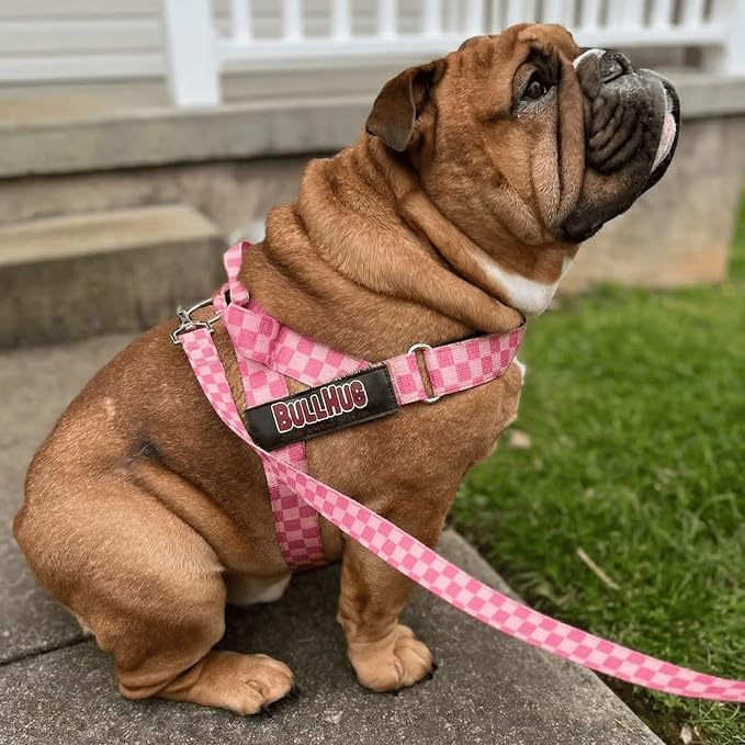 Adjustable Dog Harness– No Pull, No Choke – for English Bulldogs, French Bulldogs, Pugs & Broad-Chested Breeds – Easy, Safe Walks (Pink, Checker XL)