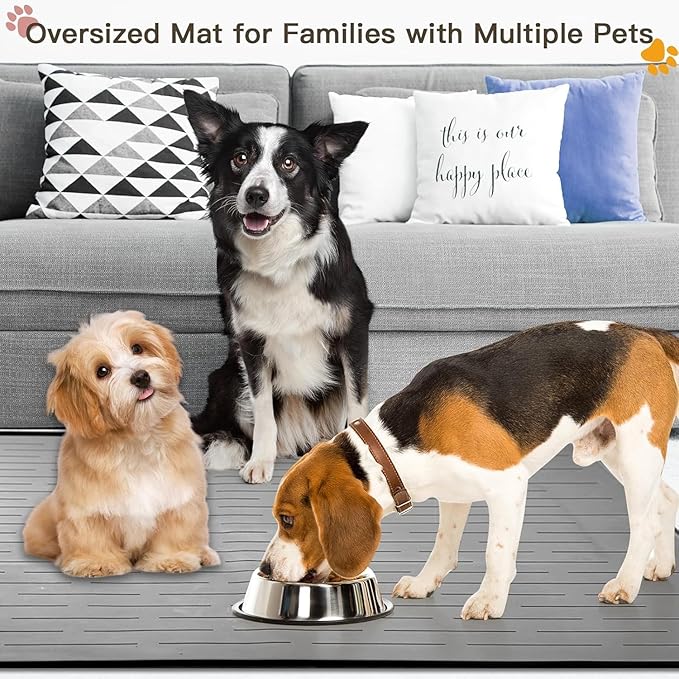 Largest Dog Food Mat, 48"x32" Silicone Dog and Cat Mat for Food and Water Bowls, Thinken Waterproof Non-Slip XXXL Pet Feeding Mat for Floors (Grayish White)