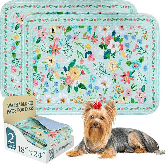 Homimp Washable Pee Pads for Dogs,2 Pack Spring Floral Reusable Puppy Pads Waterproof,Absorbent and Leakproof Dog Pee Pads,Non Slip Puppy Training Pads,Pet Mat for Floor,Whelping,Teal 18"x24"