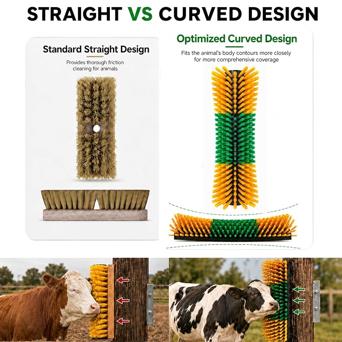 Bionic Curve Slim Livestock Scratching Brush for Cattle, Goats, Horses and Pigs - Space-Saving Farm Animal Scratcher Post, Narrow Mounted Livestock for Barns, Fences, Wooden Posts and Stall Corners