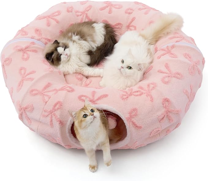 Lesure Donut Cute Jacquard Large Cat Tunnel Bed Kitten Toys for Dog Bunny | 39.5x39.5x10in,Round Large Cat Bed Tube for Multi Kittens,Pet Peekaboo Cave Toy,Spiral Hideaway,Washable Cushion,Pink Taffy