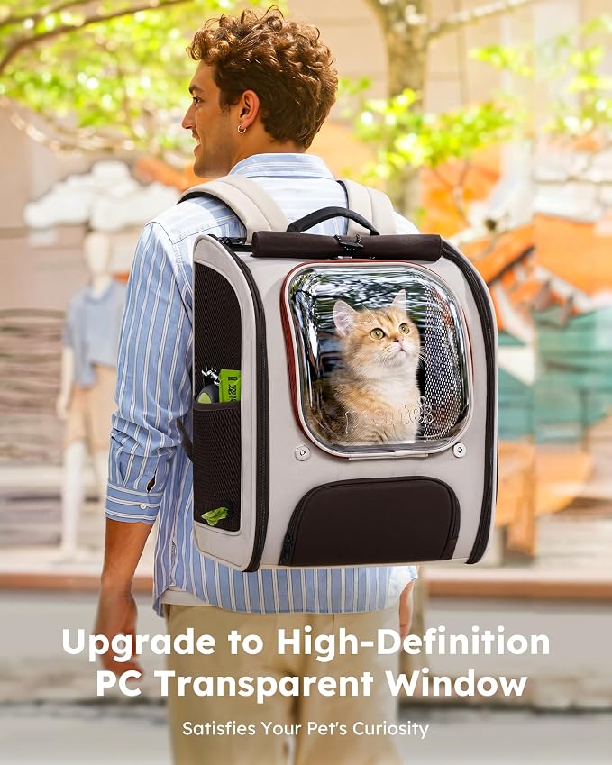 Pecute Dog Backpack Carrier,Large Space Dog Bubble Backpack,Ergonomic,Khaki | Upgraded Transparent Window Offers Greater Transparency,More Wear-Resistant,Sunshade curtain,Folding bowl,Ventilated