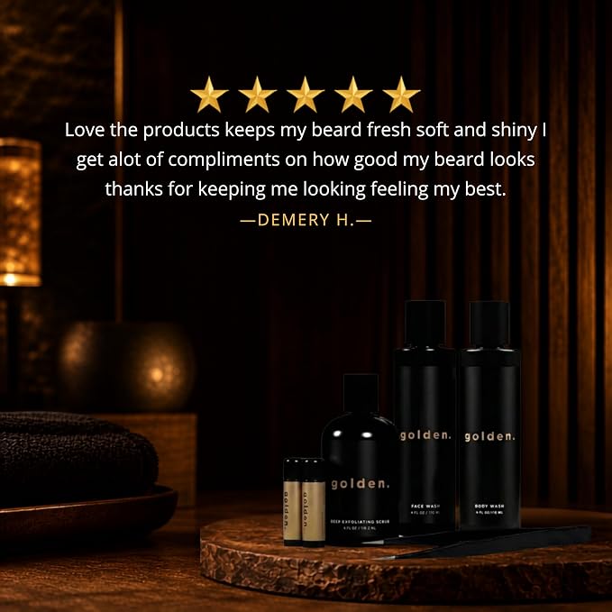 Golden Grooming Co. Essential Skincare Set for Men | Complete Face & Body Care Kit with Face Wash, Exfoliating Scrub, Body Wash, Tweezers & Lip Balms
