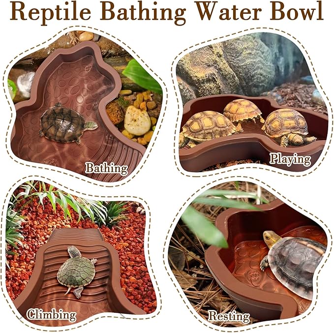 7 Pcs Reptile Bathing Pool 2-in-1 Tortoise Water Dish with Ramp Large Turtle Feeding Bowl with Steps Gecko Habitat Decoration Accessories Lizard Bath Tub