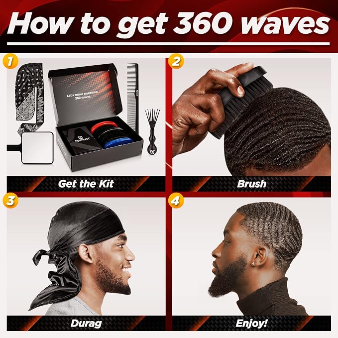 Roman-T 8-in-1 360 Wave Kit for Men - Grooming Kit for 360 Waves - 3 Wave Brushes, Soft, Medium & Hard - 2 Satin Durag, Hand Mirror, Comb, Hair Brush Cleaner - Gift Set, Black