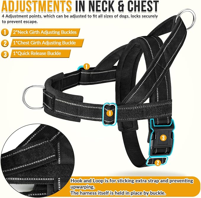 SlowTon No Pull Dog Harness with Front Clip - Heavy Duty, Soft Padded | Neck & Chest Adjustable, Tactical Pet Vest and Leash Set for Large Medium Sized Dogs, for Easy Walk & Training, Black M