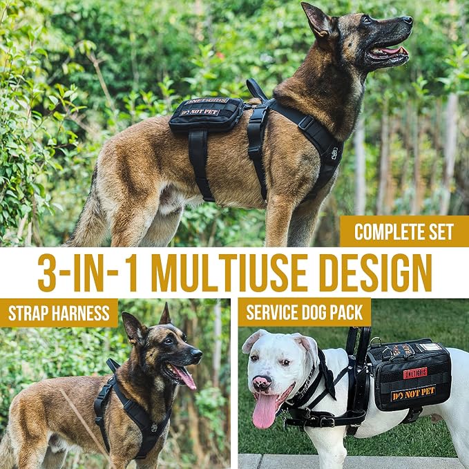 OneTigris Service Dog Vest Harness, Service Dog Cape Guardian Dog Backpack Harness with Pouches Dog Saddle Bag for Small Medium and Large Dogs (Black, M)