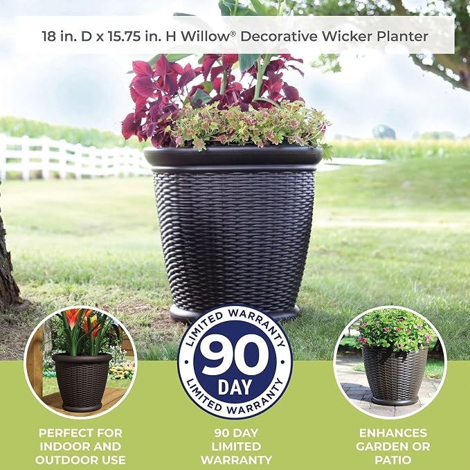 Suncast 3 Pack Wicker Planter w/Drillable Drain Holes, Decorative Indoor/Outdoor Pot, 18in, Java