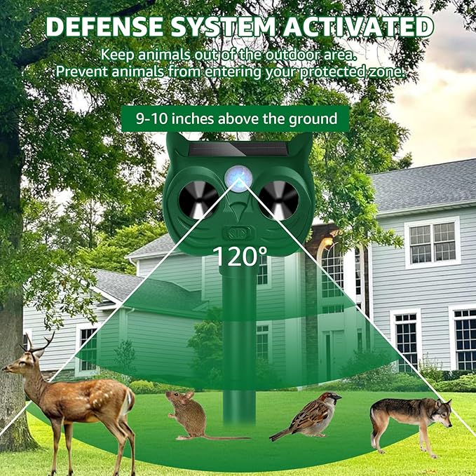 Solar Ultrasonic Animal Repellent Outdoor Motion Sensor Deer Repellent Devices Squirrel Cat Raccoon Deterrent with Strobe Light Dual Mode, Keep Skunk Away Protection for Yard Garden Lawn 1Pack