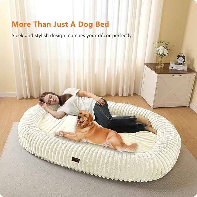 Human Dog Bed for Adult, Orthopedic Gel Memory Foam, 71"x47"x9" | Human Dog Bed Fits Adult & Pets, Reversible Egg-Crate Foam Cushion, Washable Pet Bed with Blanket, Beige