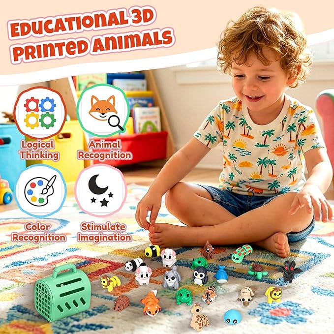 40 PCS 3D Printed Animals, Mini 3D Printed Animal Figurines with Cage, Flexible Articulated Fidget Toys for Desk Decor, Party Favors, Goodie Bag Stuffers, Classroom Rewards