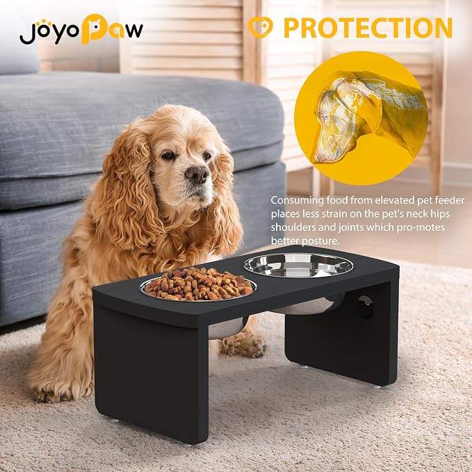 Elevated Dog Bowls, Waterproof Raised Dog Bowl for Medium Dogs, HIPS Poly Lumber Stand with 2 Stainless Steel Bowls, Indoor & Outdoor Use (7'' Tall-40 oz Bowl, Black)