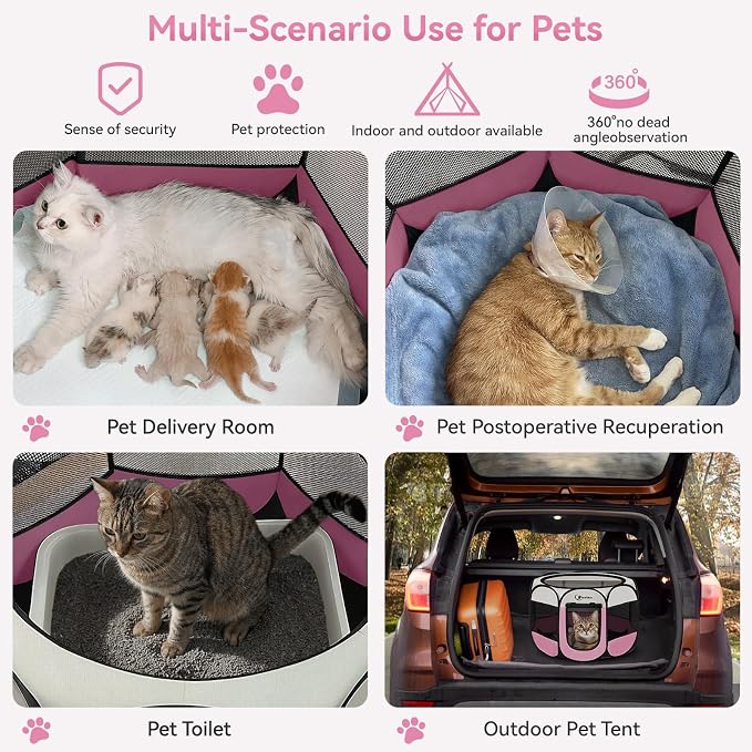 Sieidihit Dog Cat Pet Playpen Puppy Crate Cage Indoor Outdoor, Small Pink | Rest Zone for Recovering Pets New Pet Quarantine Room Portable Pop Up Easy to Set up lightweight dog Kennel with Carrying Bag