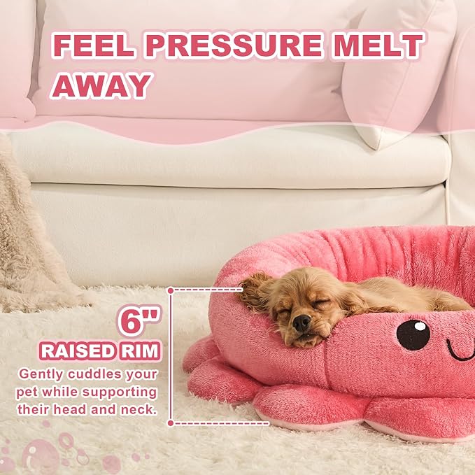 Cute Calming Dog Beds Clearance for Large Dogs, Anxiety Bolster Dog Bed with Octopus Shape, Pink, Red, Boho, Round Pet Bed Cat with Removable Cushion
