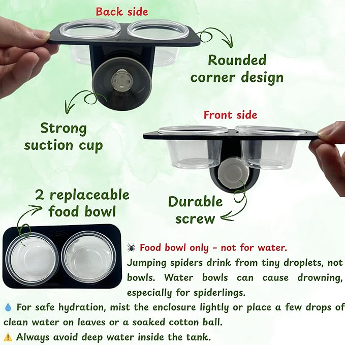 Jumping Spider Feeding Dish Kit with Tweezers, Dual Cup Food Bowl with Suction Mount, Small Reptile/Tarantula Enclosure Accessories (Feeding Ledge)
