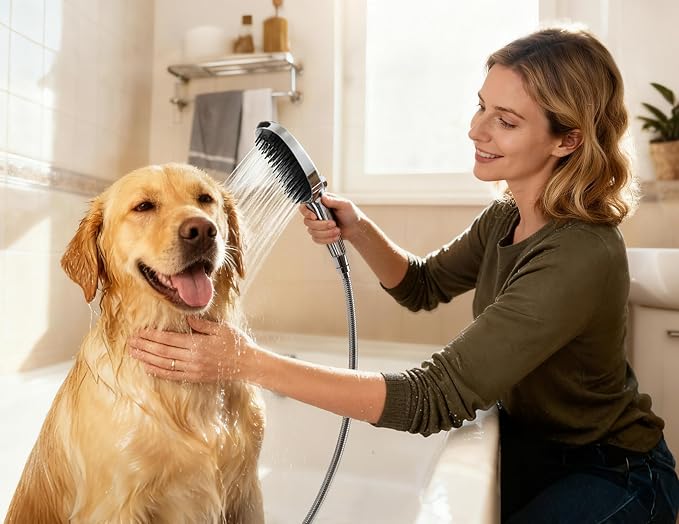 G-Promise 3 Mode Dog Shower Attachment with Pause Mode | High Pressure, Built-In Brush for Wash & Groom, Extra Long Hose, for Indoor & Outdoor Use