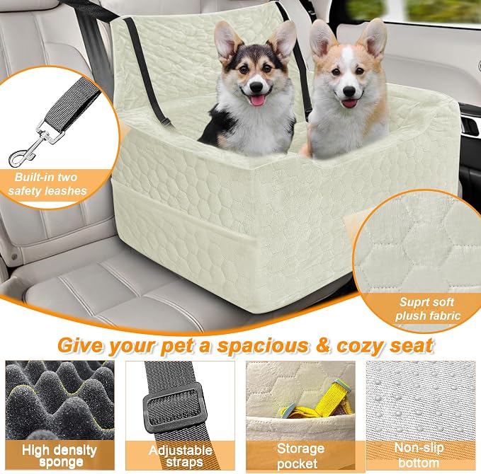 Dog Car Seat for Medium/Large Dog Booster Seat Under 60 lbs or 2 Small Dogs, Multi-Functional Pet Car Seat with Thick Cushion, 2 Safety Leashes (White)