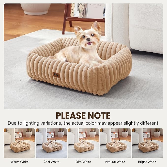 Cute Dog Bed for Small Dogs & Cats,Washable Fluffy Cat Beds for Indoor Cats, Rectangle Orthopedic Memory Foam Puppy Beds with Anti-Slip Bottom, 20 x19 x 7 Inches, Camel