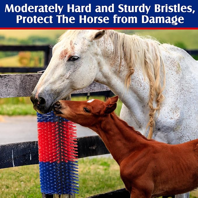 3 Pack Livestock Scratching Brush, Blue and Red | Animal Scratcher, Itch Relief Grooming, Horse Goat Cow Scratcher, Fence Post Mounting, Durable Bristles, Farm Livestock Care