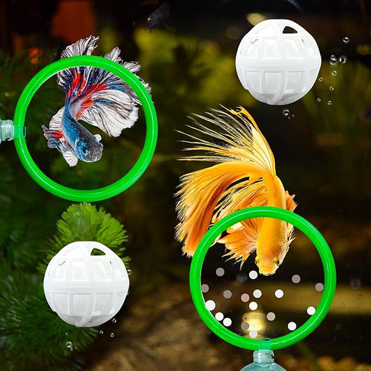 Betta Fish Exercise Ring and Filter Balls Set, Fish Feeder Ring and Nitrifying Ball, Betta Fish Toys for Small Tank, Betta Ring, Beta Fish Training Loop, Aquarium Toys for Pets Turtle (Green, M-70mm)