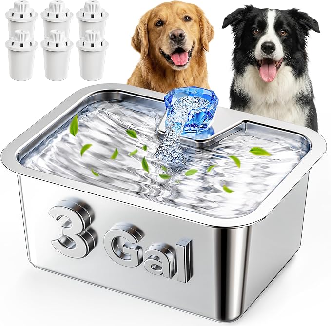 Dog Water Fountain with Silicone Mat - 3 Gallon Stainless Steel Pet Water Fountain with 6 Filters, Quiet Automatic Bowl Dispenser Drinking Waterer for Large Dogs & Multi-pet, Easy to Clean, Indoor Use