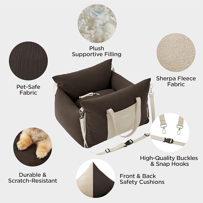 Lesure Dog Car Seat for Small Dogs,Booster Car Bed for Puppy Under 25lbs | Soft Pet Carseat with Clip-On Safety Leash and Thickened Memory Foam Filling,Dog Travel Carrier Bed with Storage Pocket,Brown