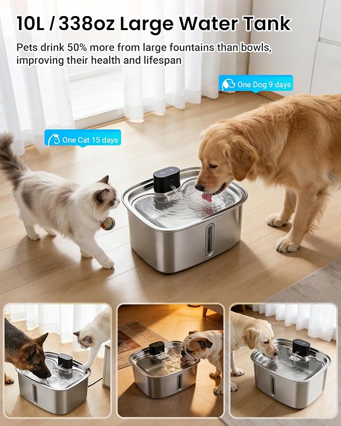 Smart Pet Water Fountain, 10L/338Oz Stainless Steel Cat Water Fountain with APP Monitoring, Automatic Dog Water Bowl Dispenser for Large Dogs Cats Mutil-Pets, Indoor and Outdoor