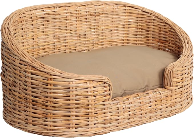 DBD1000B Curvy 28.5" x 17.25" Classic Handwoven Rattan Pet Bed with Machine-Washable Cushion, Light Brown