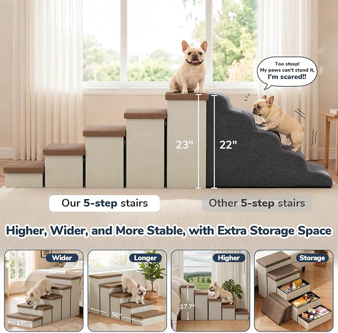 5-Step Wide Dog Stairs with Storage 23" H, Non-Slip Sturdy Pet Steps for High Bed Window, Pet Stairs for Small/Medium/Large Old Dogs Cats Up to 220lbs, Cat Dog Steps for Car, Beige&Brown Lid